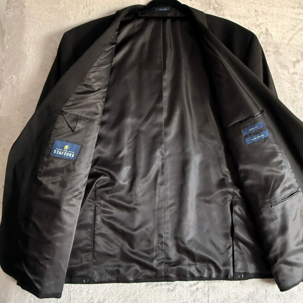 Stafford Travel Portly‎ Fit Black Wool Blend Blazer Jacket Men's 56 PRTR
